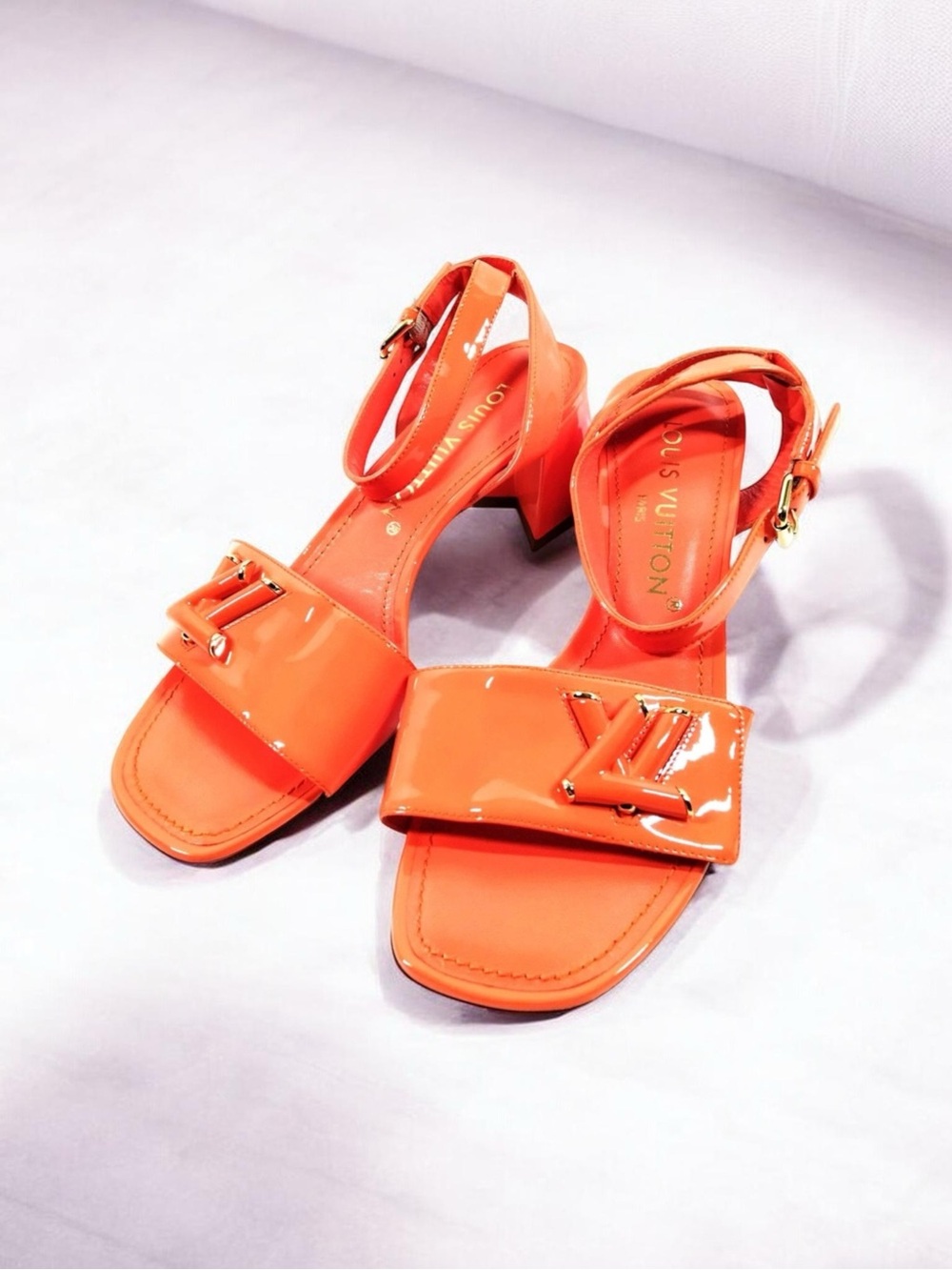 Louis Vuitton Orange Patent Leather Block Heel Sandals - Picture 2 of 7